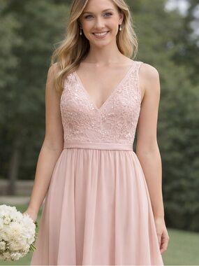 Morilee Blush Pink Bridesmaid Dress Lace Chiffon Maxi Formal Gown w/Built-in Bra